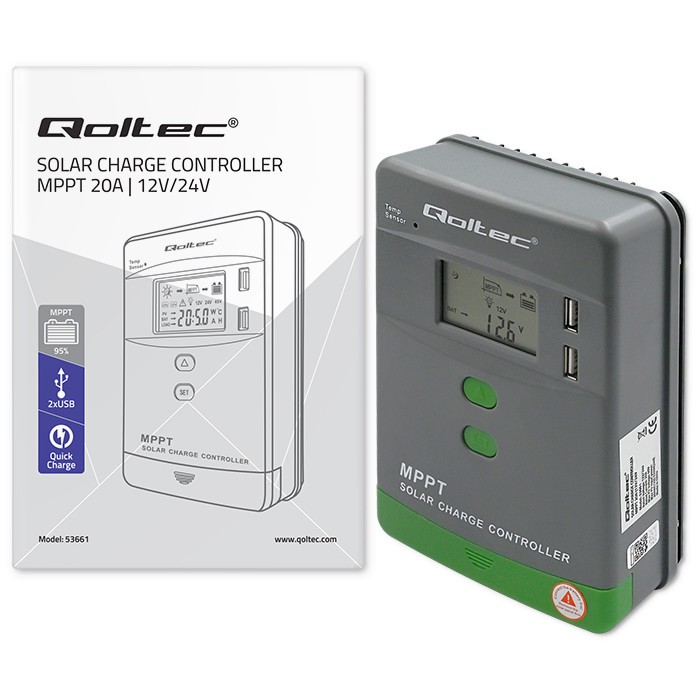 Qoltec solarni regulator MPPT z merilnikom temperature, 20A LCD 7