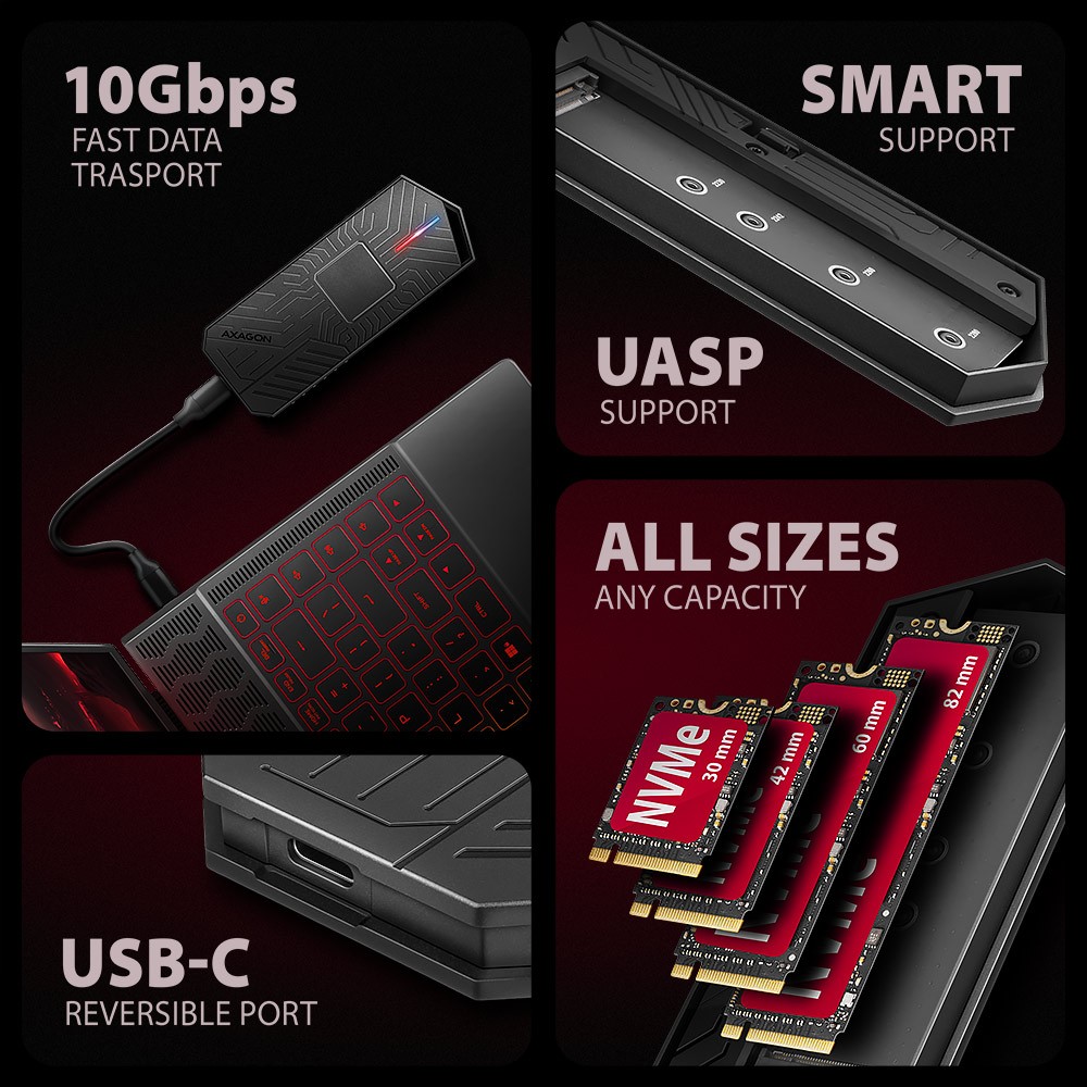 AXAGON EEM2-GAM ohišje za M.2 NVMe/SATA SSD, USB-C 3.2 Gen 2, Gaming 6