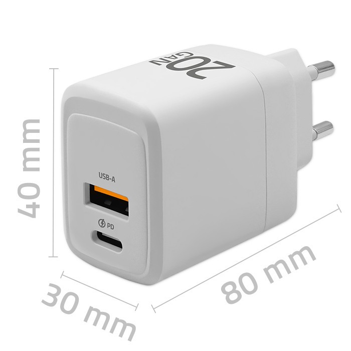 Polnilnik GaN 20W USB-C PD + USB QC 3.0 bel 2