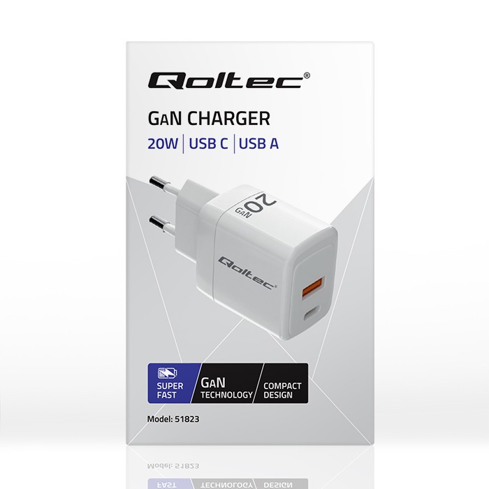 Polnilnik GaN 20W USB-C PD + USB QC 3.0 bel 3