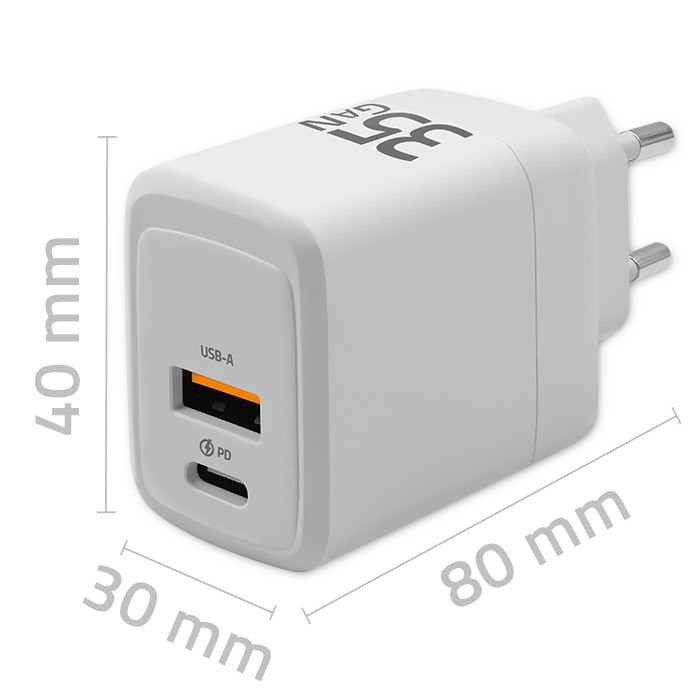 Polnilnik GaN 35W USB-C PD + USB QC 3.0 bel 2