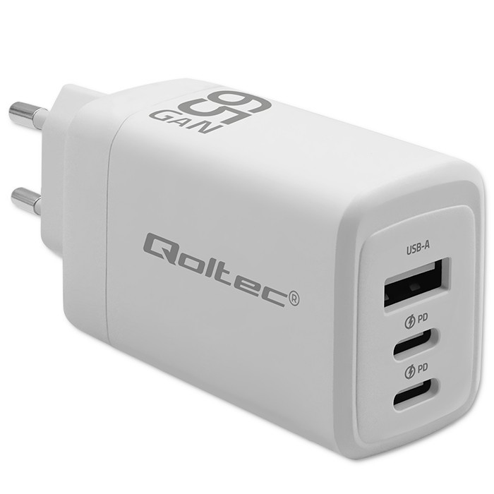 Polnilnik 65W GaN, 2x USB-C PD, 1x USB QC 3.0, bel