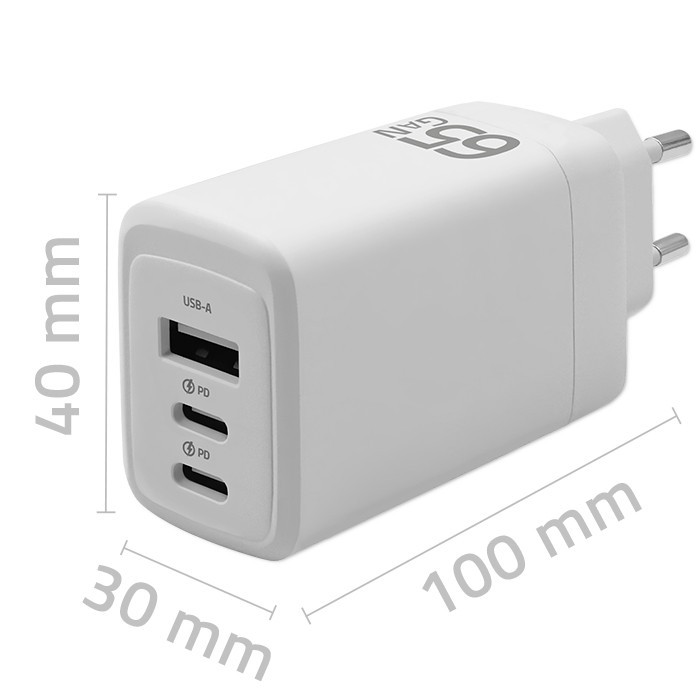 Polnilnik 65W GaN, 2x USB-C PD, 1x USB QC 3.0, bel 2
