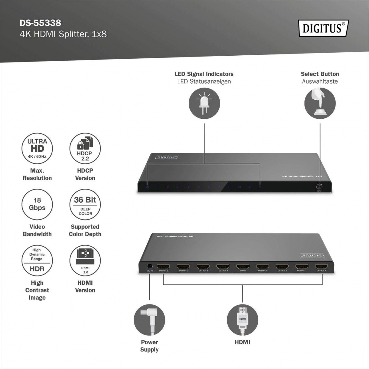 Digitus HDMI razdelilnik 1x8, 4K/60Hz UHD, HDR 5
