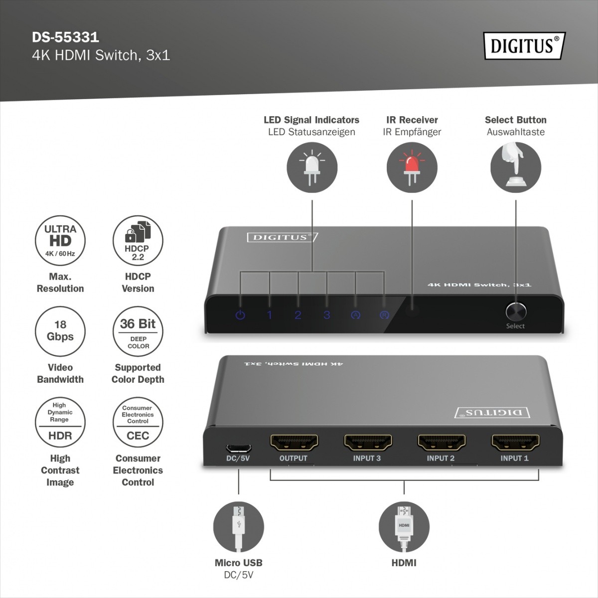 Digitus 4K HDMI 3x1 preklopnik s daljinskim upravljalnikom, 60Hz 5