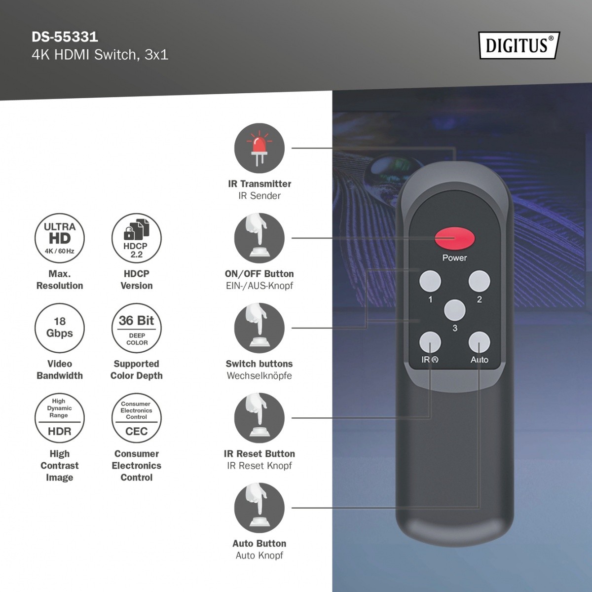 Digitus 4K HDMI 3x1 preklopnik s daljinskim upravljalnikom, 60Hz 6