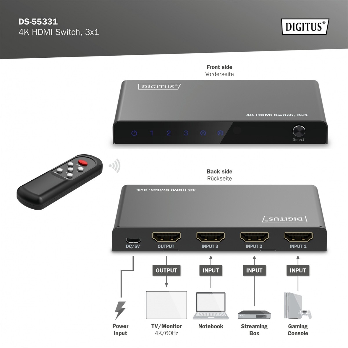 Digitus 4K HDMI 3x1 preklopnik s daljinskim upravljalnikom, 60Hz 7