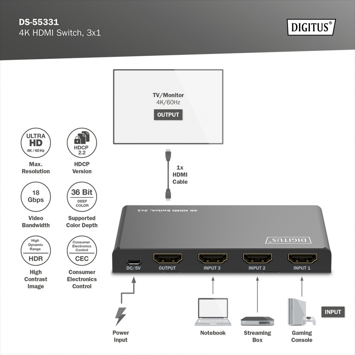 Digitus 4K HDMI 3x1 preklopnik s daljinskim upravljalnikom, 60Hz 8