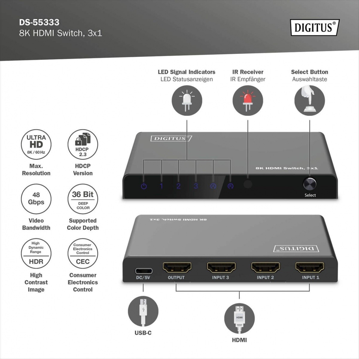 Digitus 8K HDMI 3x1 preklopnik/razdelilnik s pilotom 5