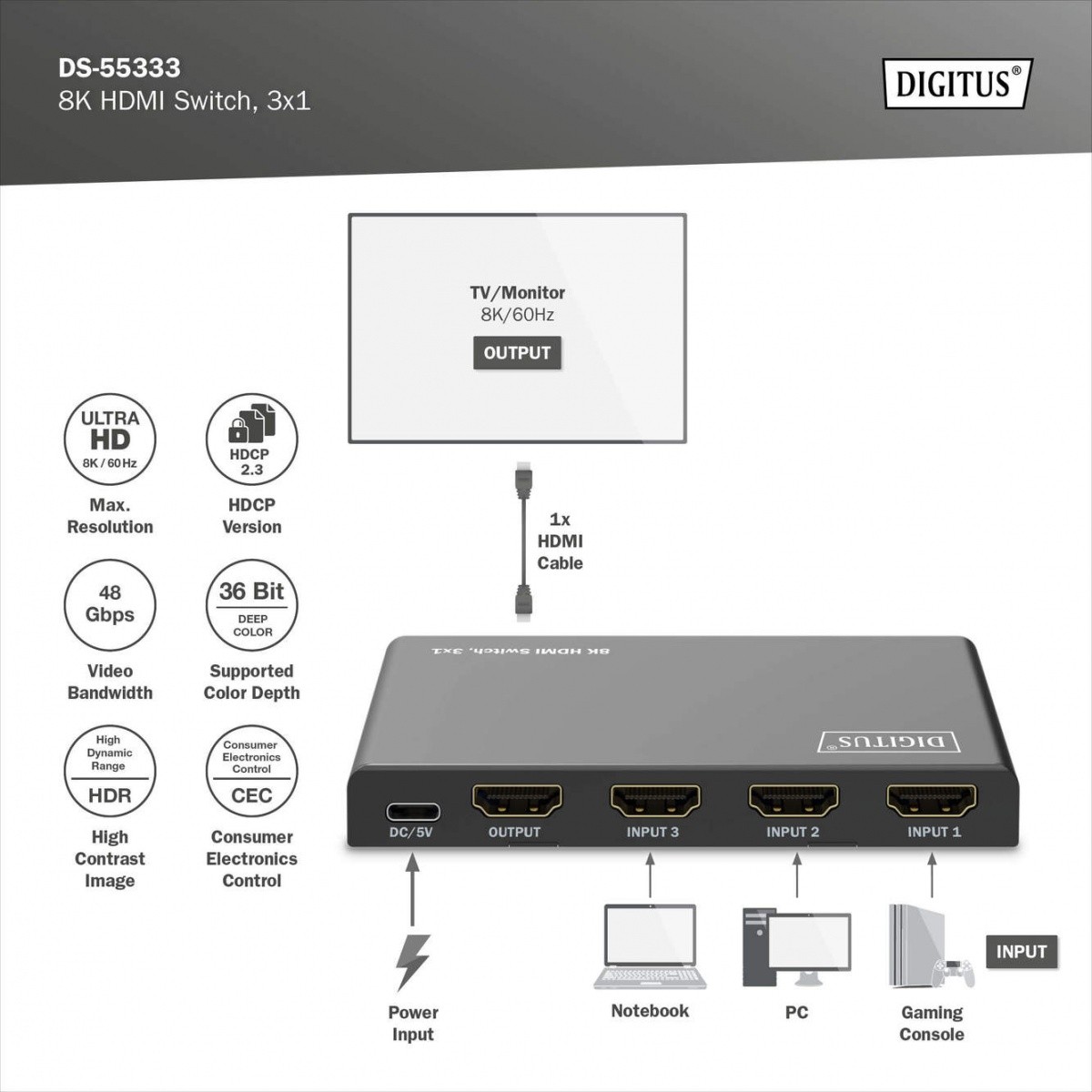 Digitus 8K HDMI 3x1 preklopnik/razdelilnik s pilotom 8