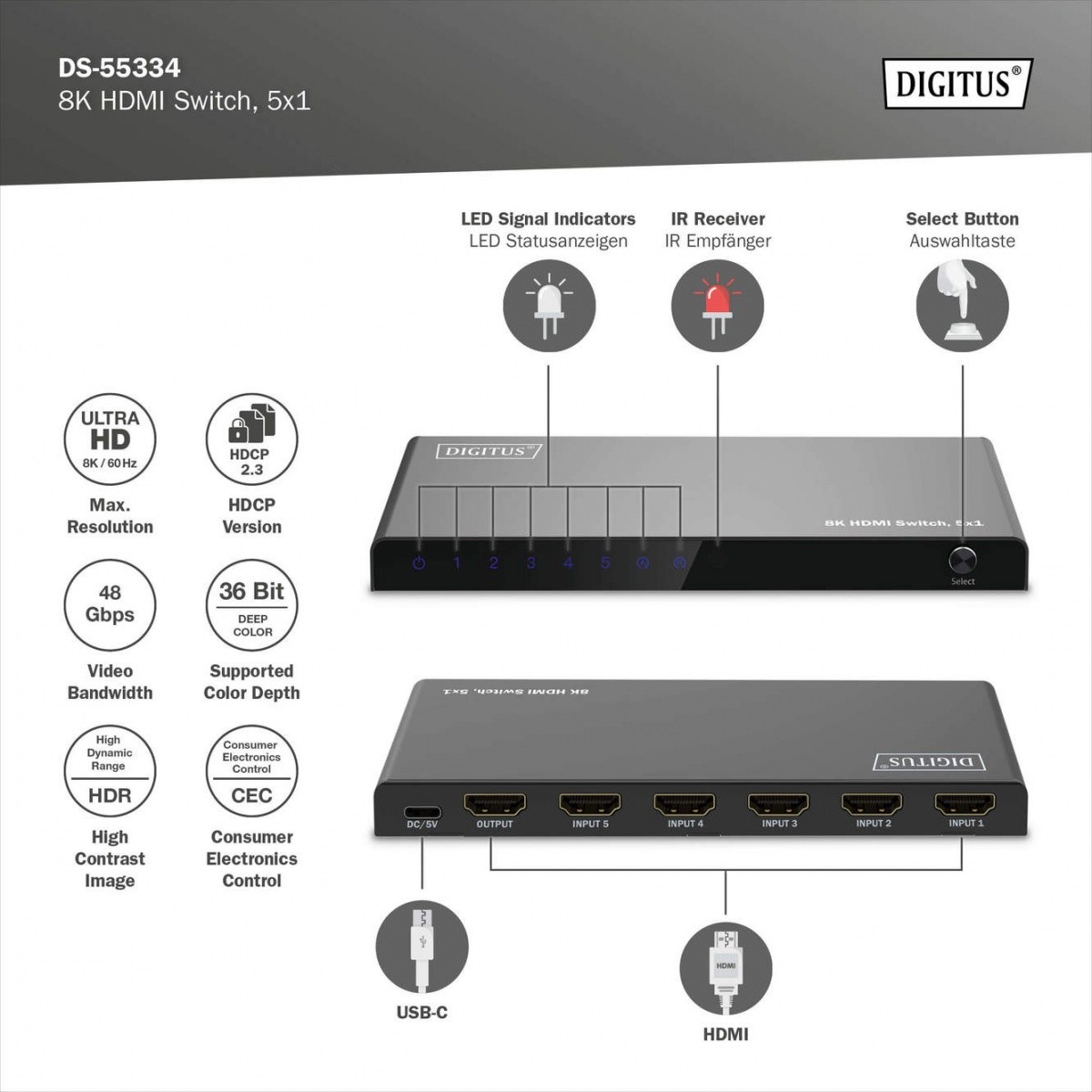 Digitus 8K HDMI 5x1 preklopnik/razdelilnik s pilotom 5