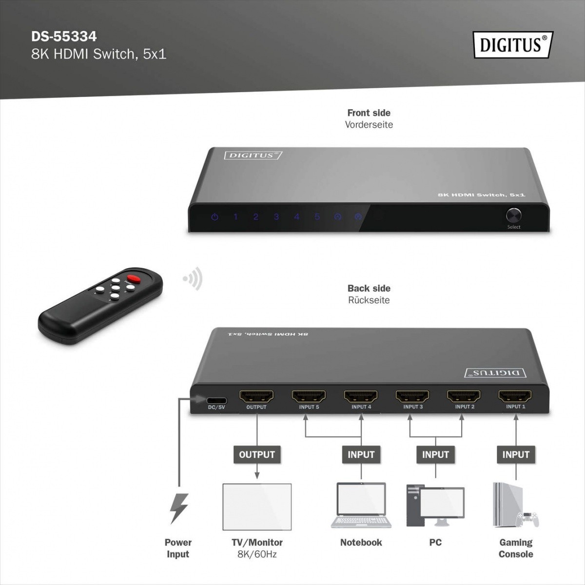 Digitus 8K HDMI 5x1 preklopnik/razdelilnik s pilotom 6