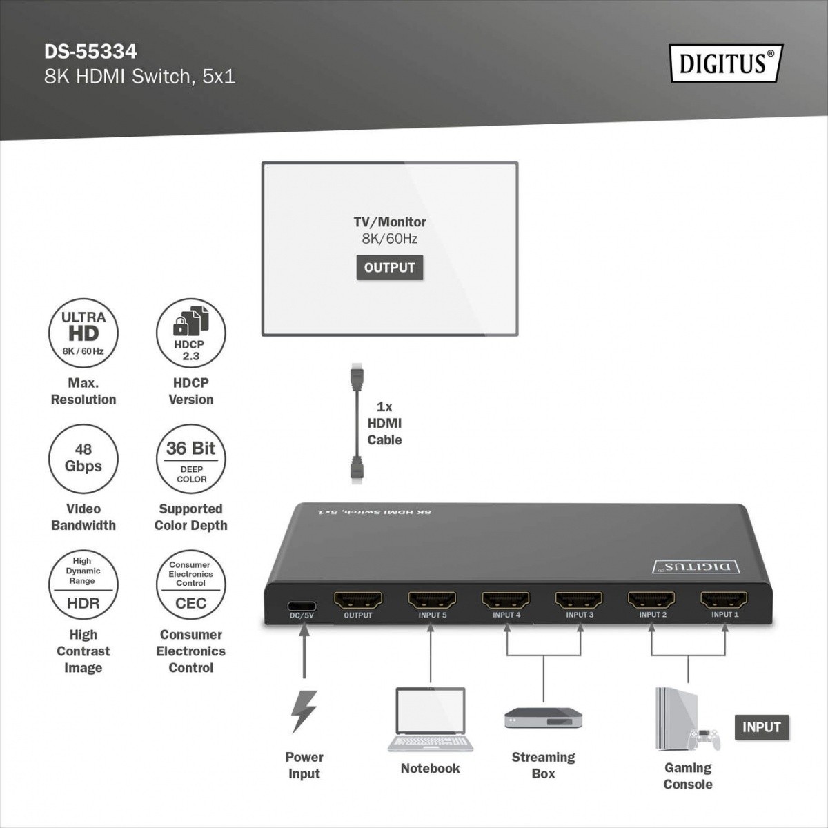 Digitus 8K HDMI 5x1 preklopnik/razdelilnik s pilotom 7