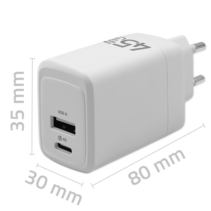 Mrežni polnilnik 45W GaN, USB-C PD, USB QC 3.0, bela barva 2