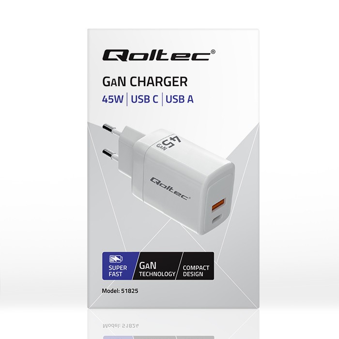 Mrežni polnilnik 45W GaN, USB-C PD, USB QC 3.0, bela barva 3