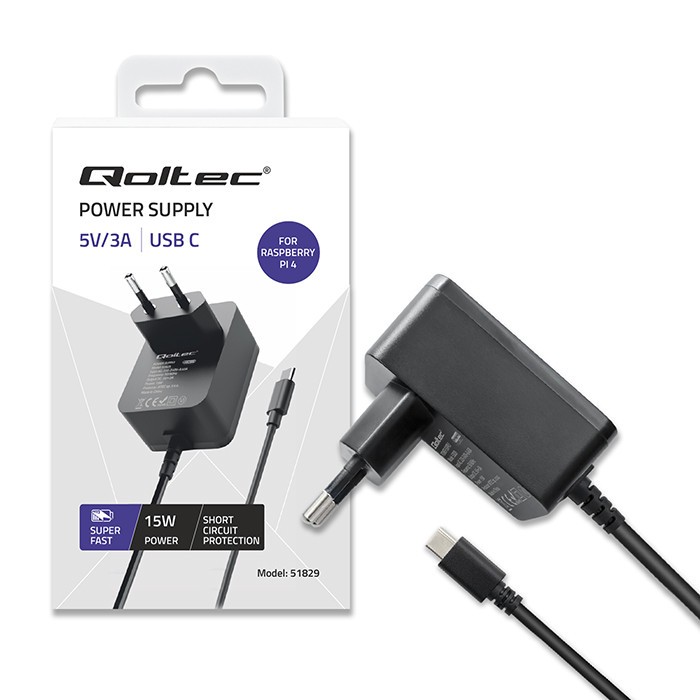 Qoltec Super FAST PD polnilnik USB-C, 15W za Raspberry Pi 4 (črn)