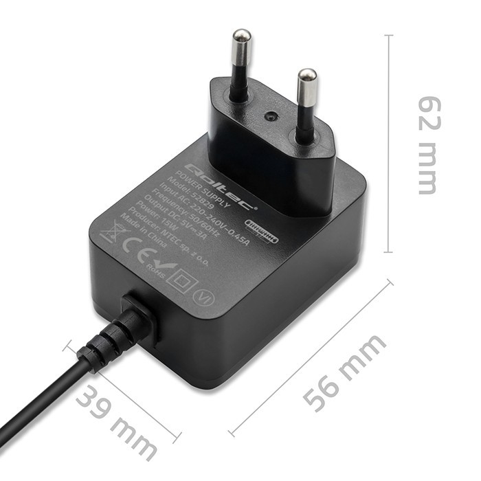 Qoltec Super FAST PD polnilnik USB-C, 15W za Raspberry Pi 4 (črn) 5