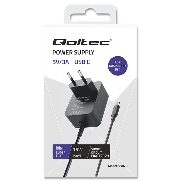 Qoltec Super FAST PD polnilnik USB-C, 15W za Raspberry Pi 4 (črn) 8