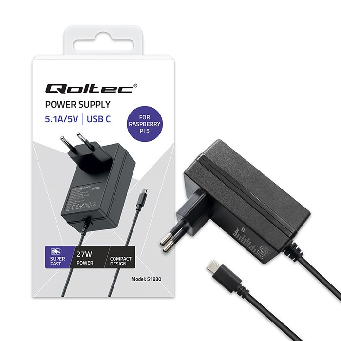 Qoltec polnilnik Super FAST PD za Raspberry PI 5, USB-C, 27W, črn