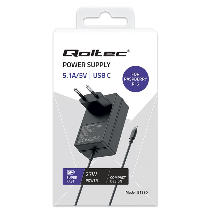 Qoltec polnilnik Super FAST PD za Raspberry PI 5, USB-C, 27W, črn 8