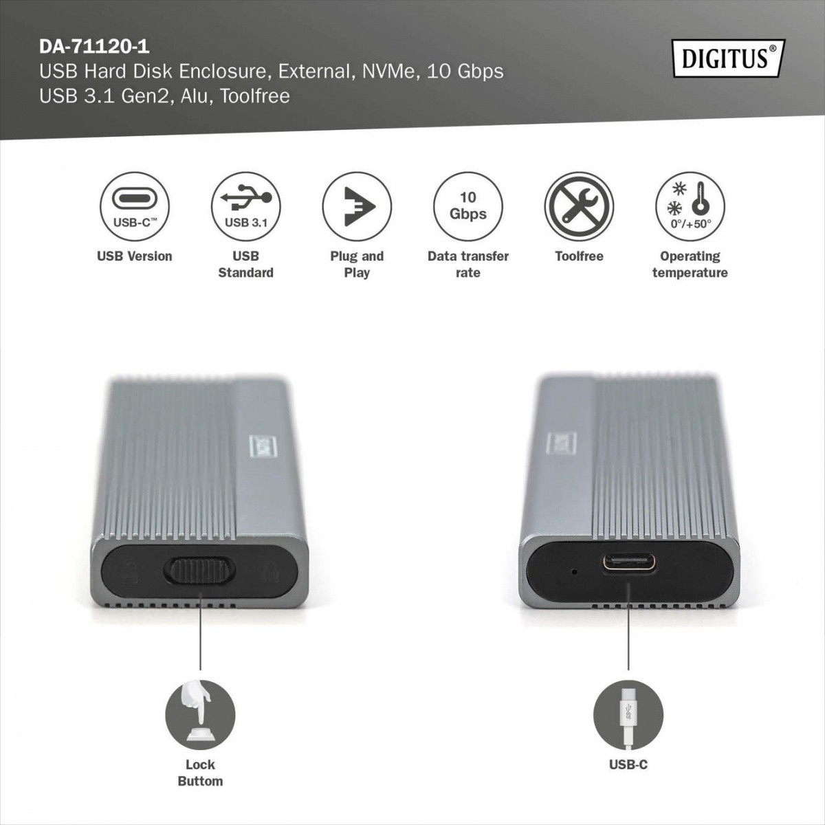 Ohišje za M.2 NVMe SSD, USB 3.1 Type-C, 10 Gbps, aluminijasto, brez orodja 6