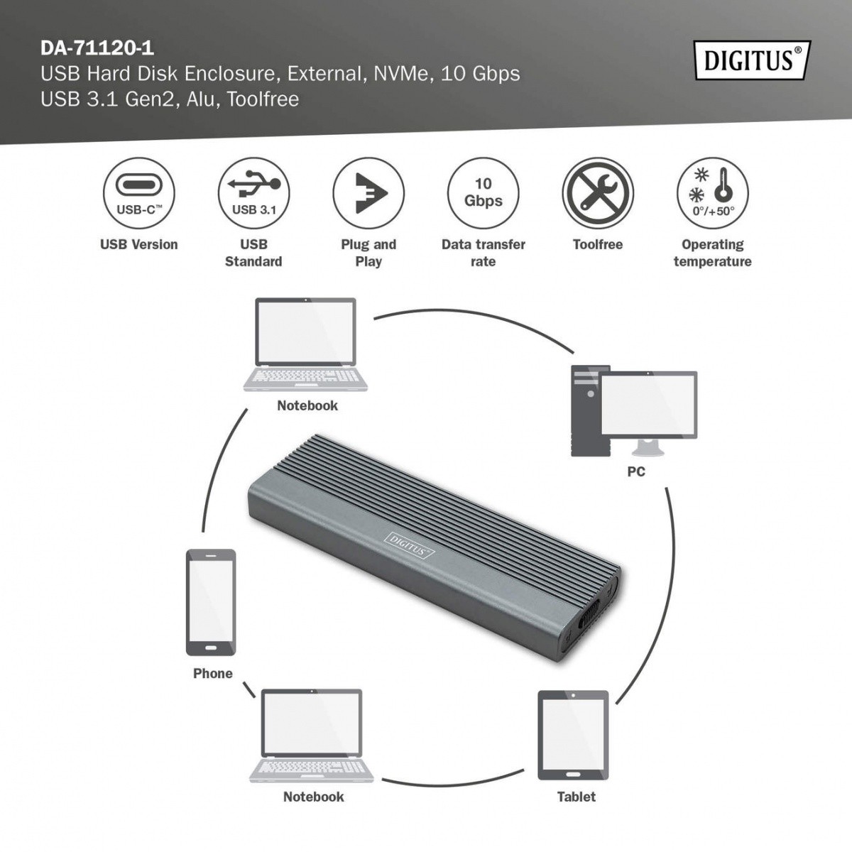 Ohišje za M.2 NVMe SSD, USB 3.1 Type-C, 10 Gbps, aluminijasto, brez orodja 8