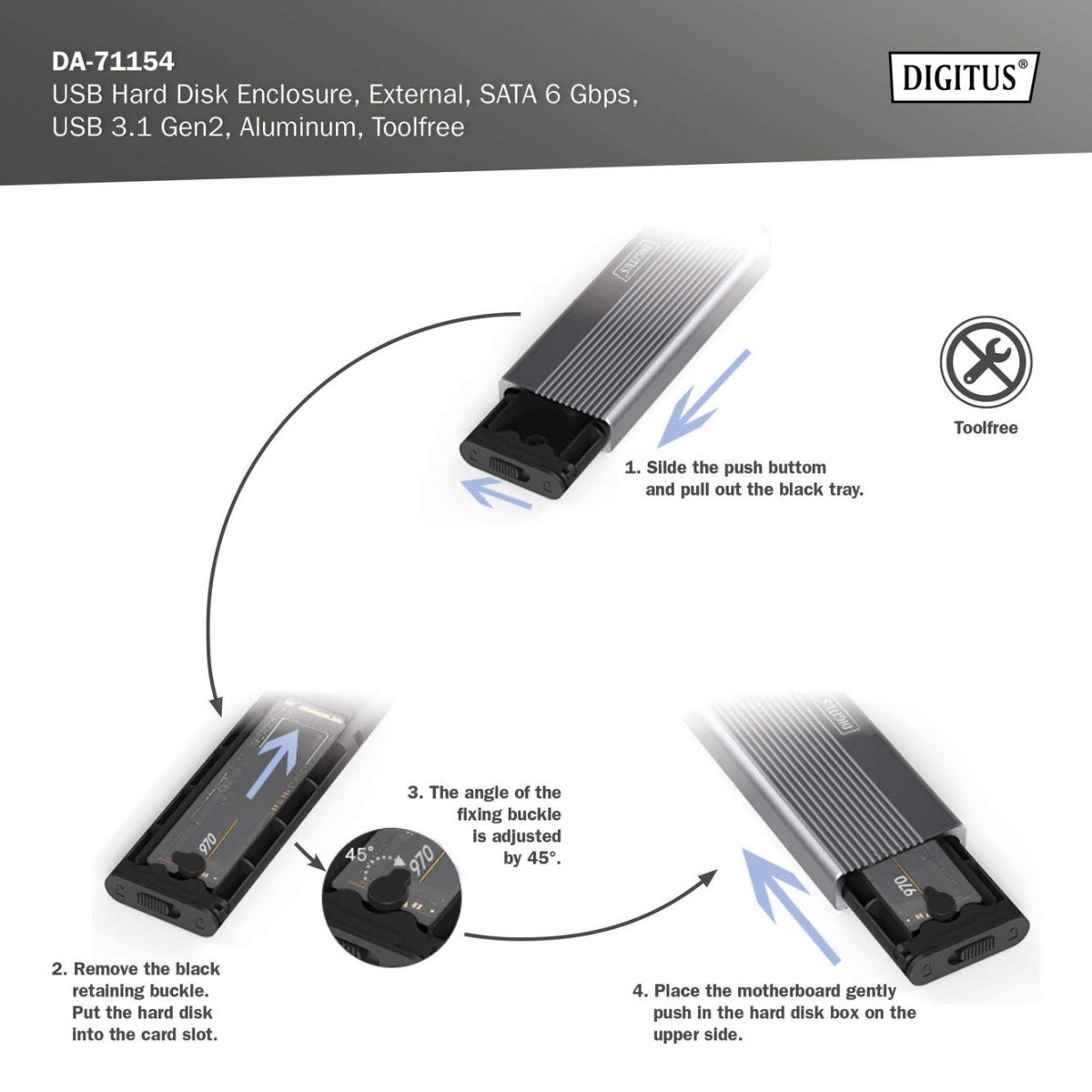 Ovitek za SSD M.2 SATA/NVMe, USB 3.1 C, aluminijast, beznapinjski 6