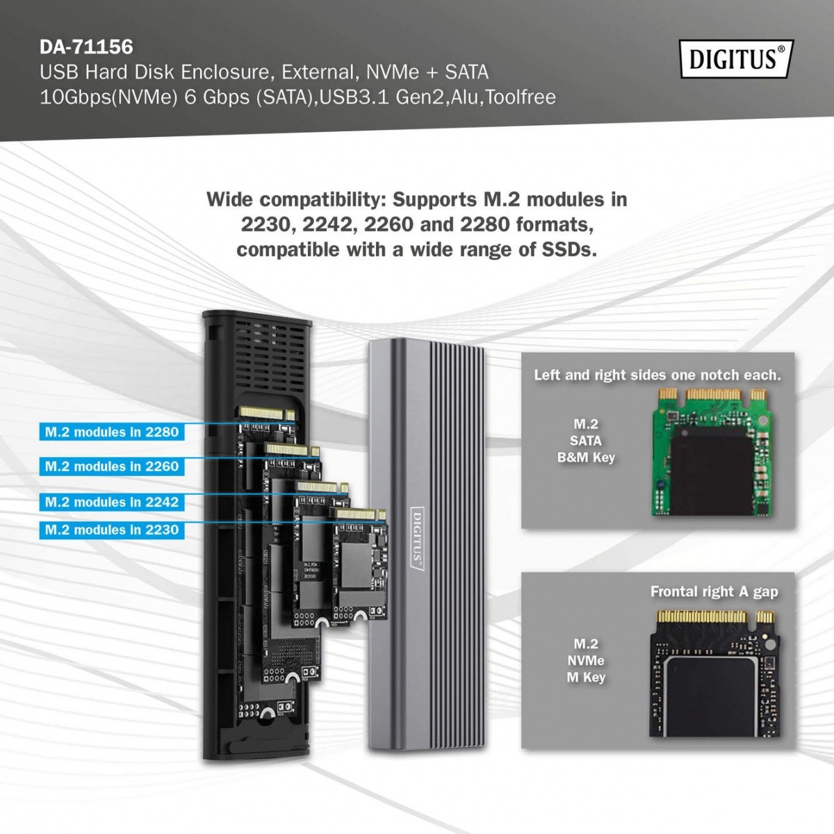 Ovitek za SSD M.2 NVMe/SATA, USB 3.1 C, aluminijast, beznapinjski 7