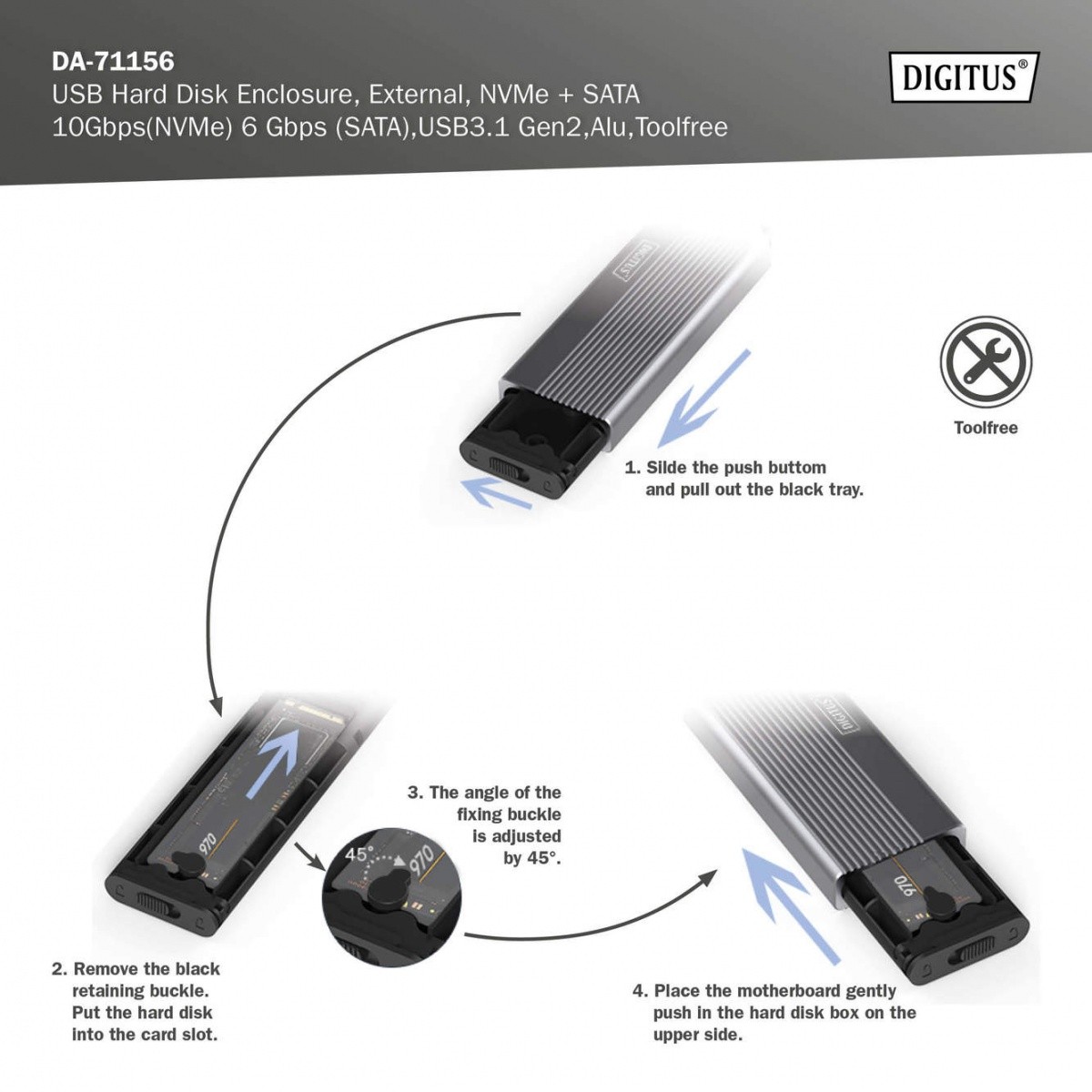 Ovitek za SSD M.2 NVMe/SATA, USB 3.1 C, aluminijast, beznapinjski 8