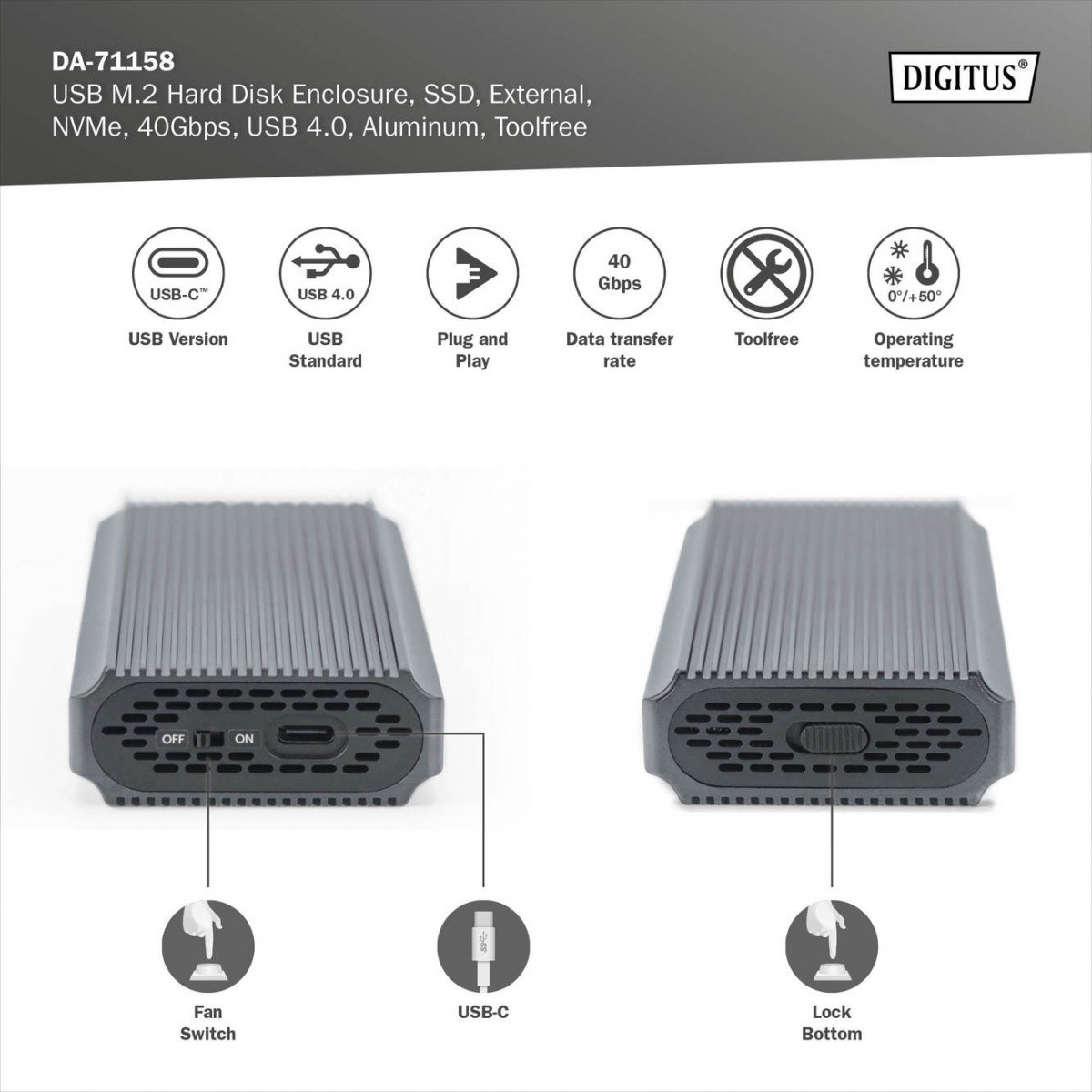 Ovitek za SSD M.2 NVMe, USB4, aluminijast, beznapinjski 7