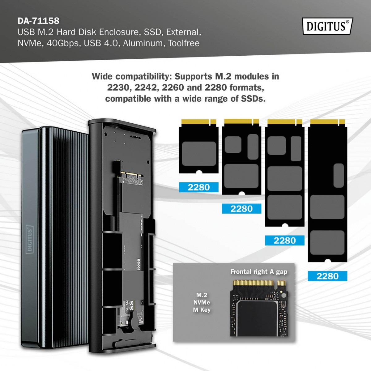 Ovitek za SSD M.2 NVMe, USB4, aluminijast, beznapinjski 8