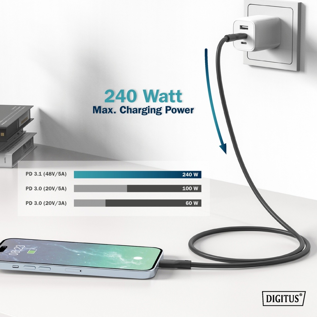 USB-C v USB-C kabel, 8K, 240W, 0,5m - črn 4