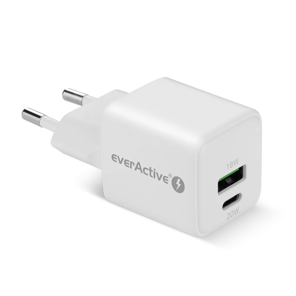 Omrežni polnilnik GaN 1x USB, 1x USB-C 20W QC3.0 bel