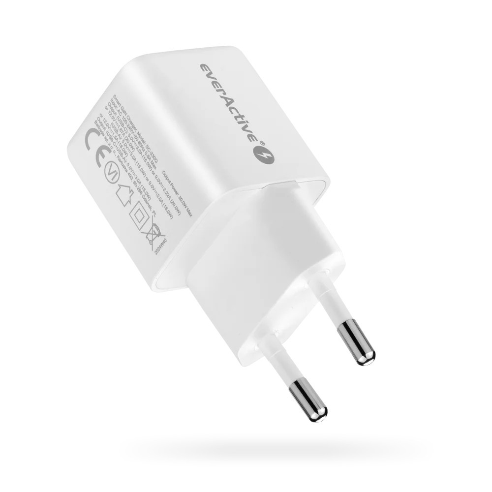Omrežni polnilnik GaN 1x USB, 1x USB-C 20W QC3.0 bel 5