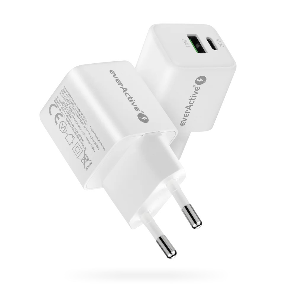 Omrežni polnilnik GaN 1x USB, 1x USB-C 20W QC3.0 bel 6