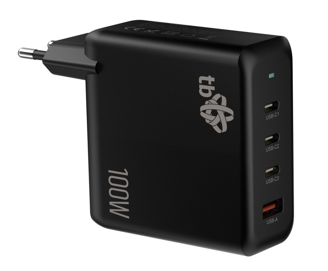 Polnilnik GaN 100W, 3x USB-C + 1x USB-A, črn