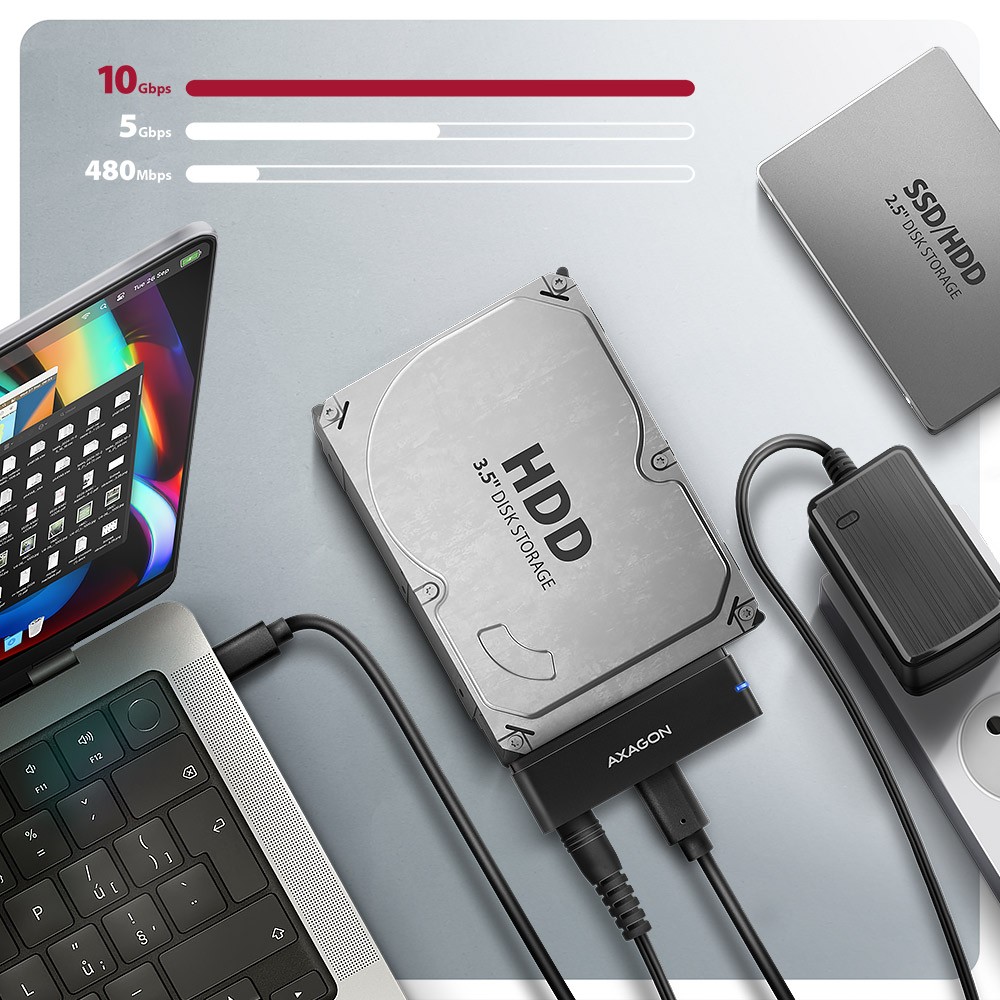 AXAGON ADSA-FPX Adapter USB-C 10Gbps, SATA 6G za 2.5/3.5" SSD/HDD, s napajalcem 3