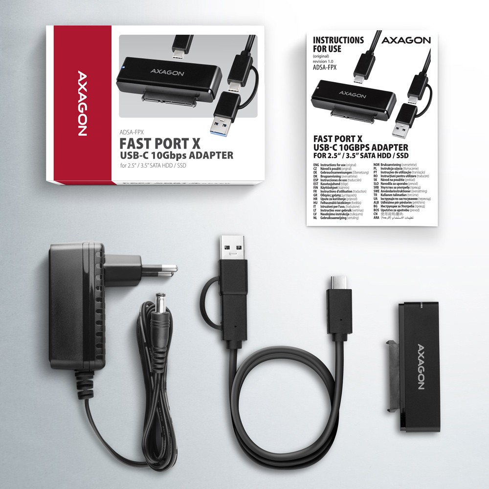 AXAGON ADSA-FPX Adapter USB-C 10Gbps, SATA 6G za 2.5/3.5" SSD/HDD, s napajalcem 6
