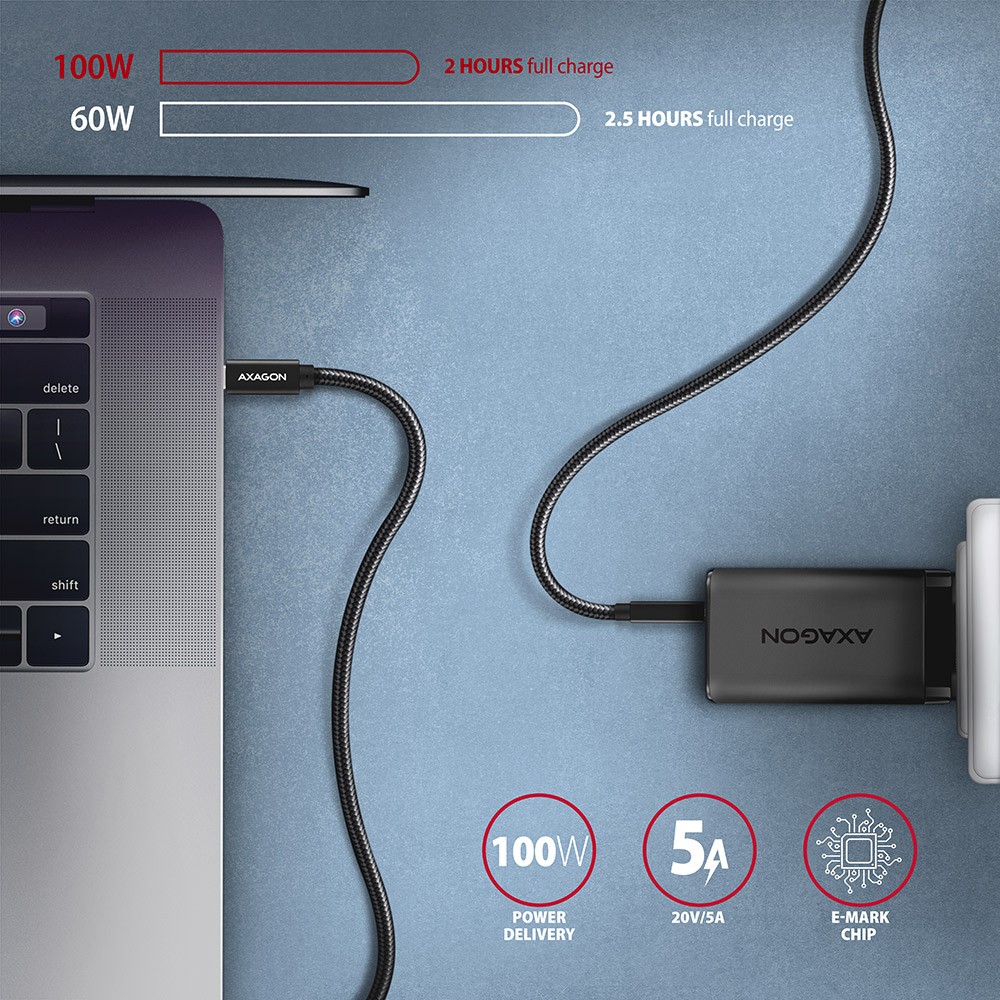 AXAGON BUCM32-CM05AB USB-C Kabel 3.2 Gen 2, 100W PD, 5A, 4K, ALU oplet 4