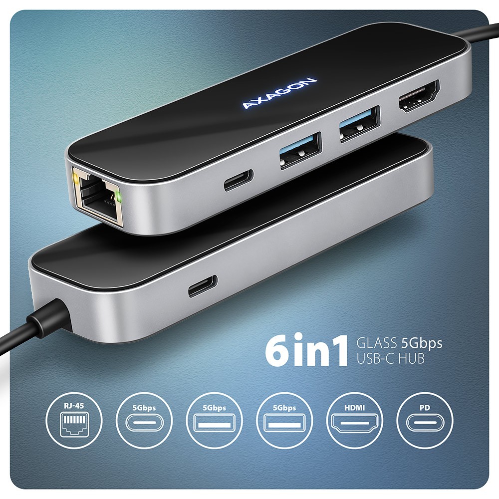 AXAGON HMC-6GLN USB Hub 6v1: 2xUSB-A, USB-C, GLAN, HDMI 4K, PD 100W 2
