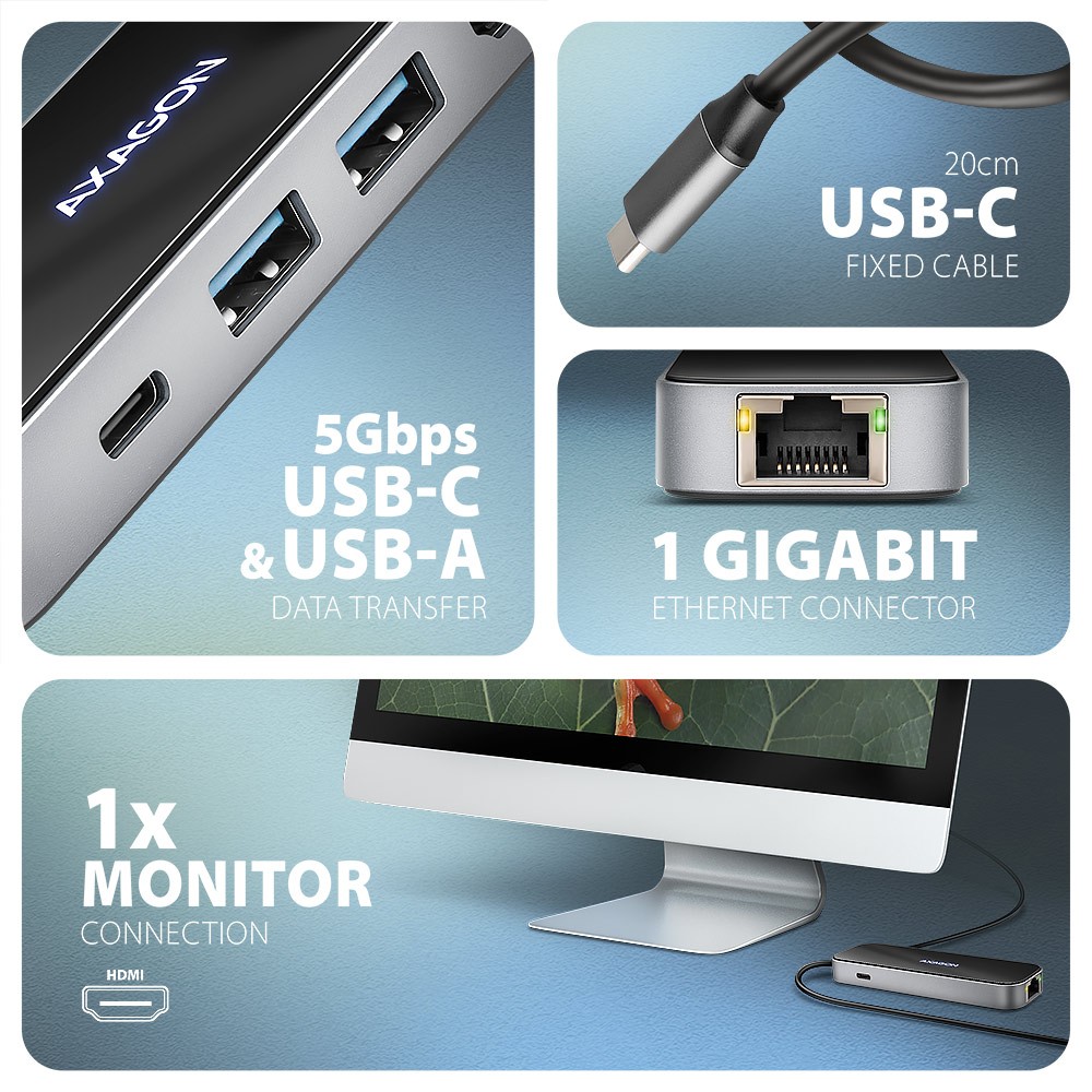 AXAGON HMC-6GLN USB Hub 6v1: 2xUSB-A, USB-C, GLAN, HDMI 4K, PD 100W 3