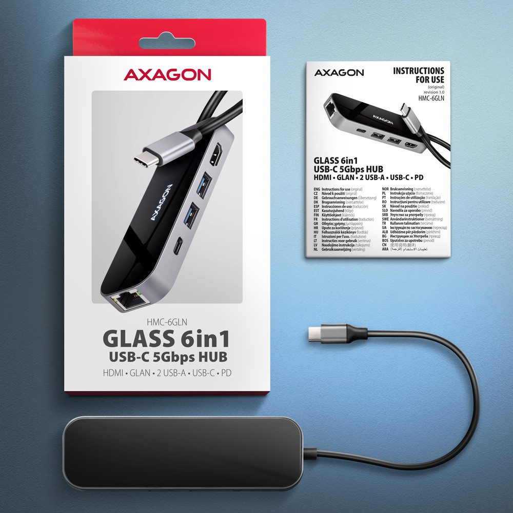 AXAGON HMC-6GLN USB Hub 6v1: 2xUSB-A, USB-C, GLAN, HDMI 4K, PD 100W 7