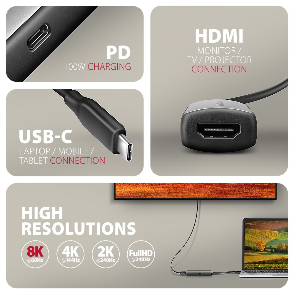 Aktivni USB-C v HDMI adapter RVC-HI8KPD, 8K/60Hz, PD 100W 2