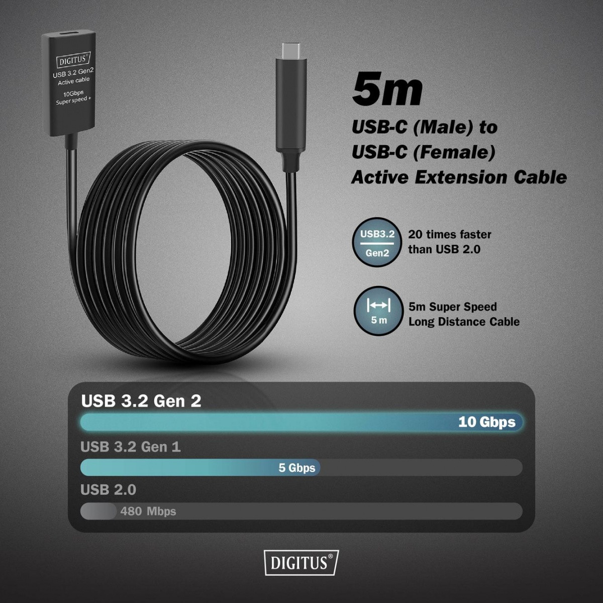 Aktivni podaljševalni kabel Digitus USB-C v USB-C, USB 3.2 Gen2, 10 Gbps, 5m 4