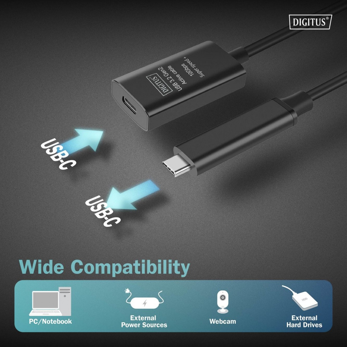Aktivni podaljševalni kabel Digitus USB-C v USB-C, USB 3.2 Gen2, 10 Gbps, 5m 5