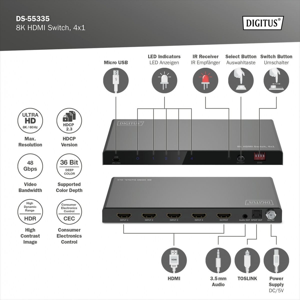 HDMI preklopnik 4x1, 8K/60Hz, HDR, 48 Gbps, HDCP 2.3 5