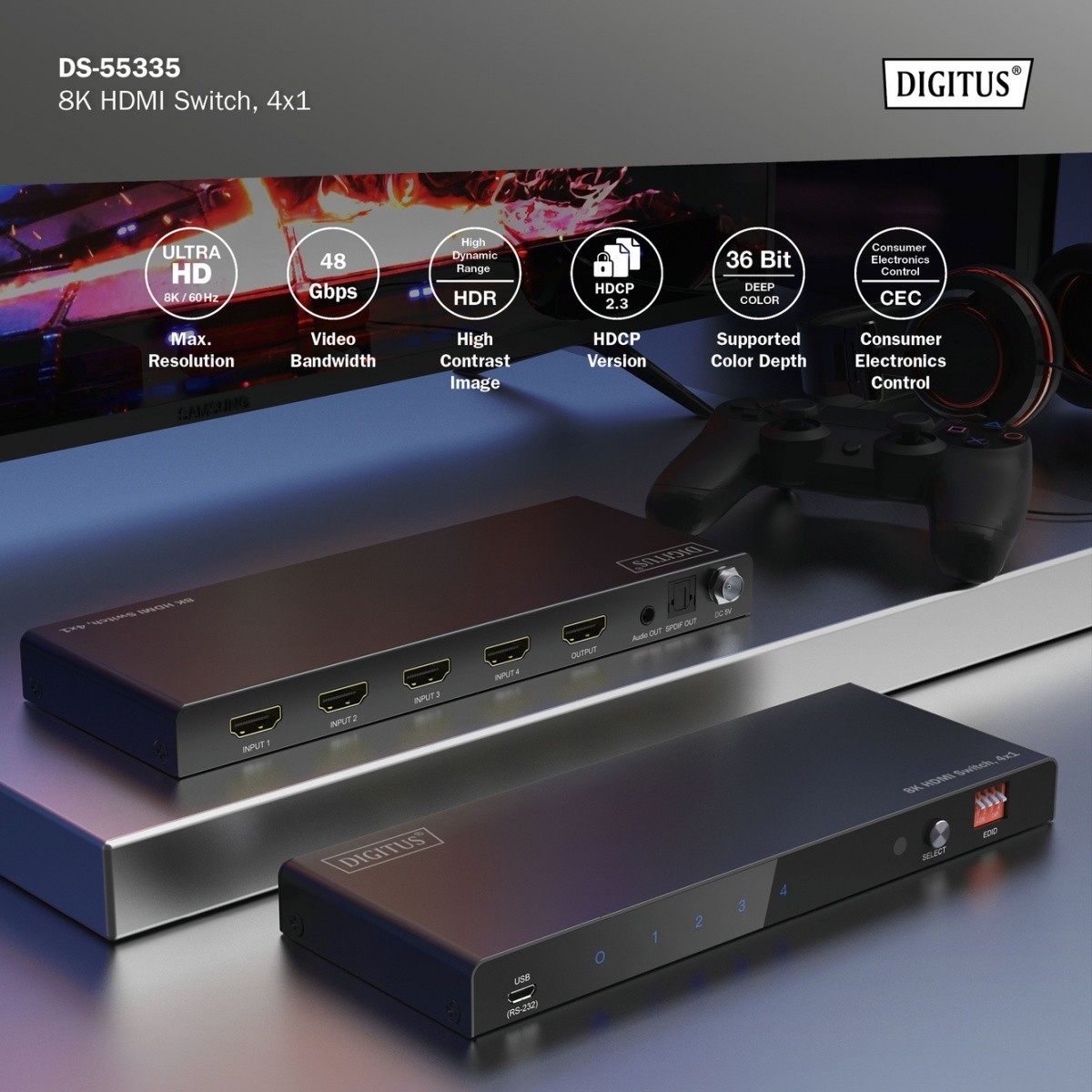 HDMI preklopnik 4x1, 8K/60Hz, HDR, 48 Gbps, HDCP 2.3 8