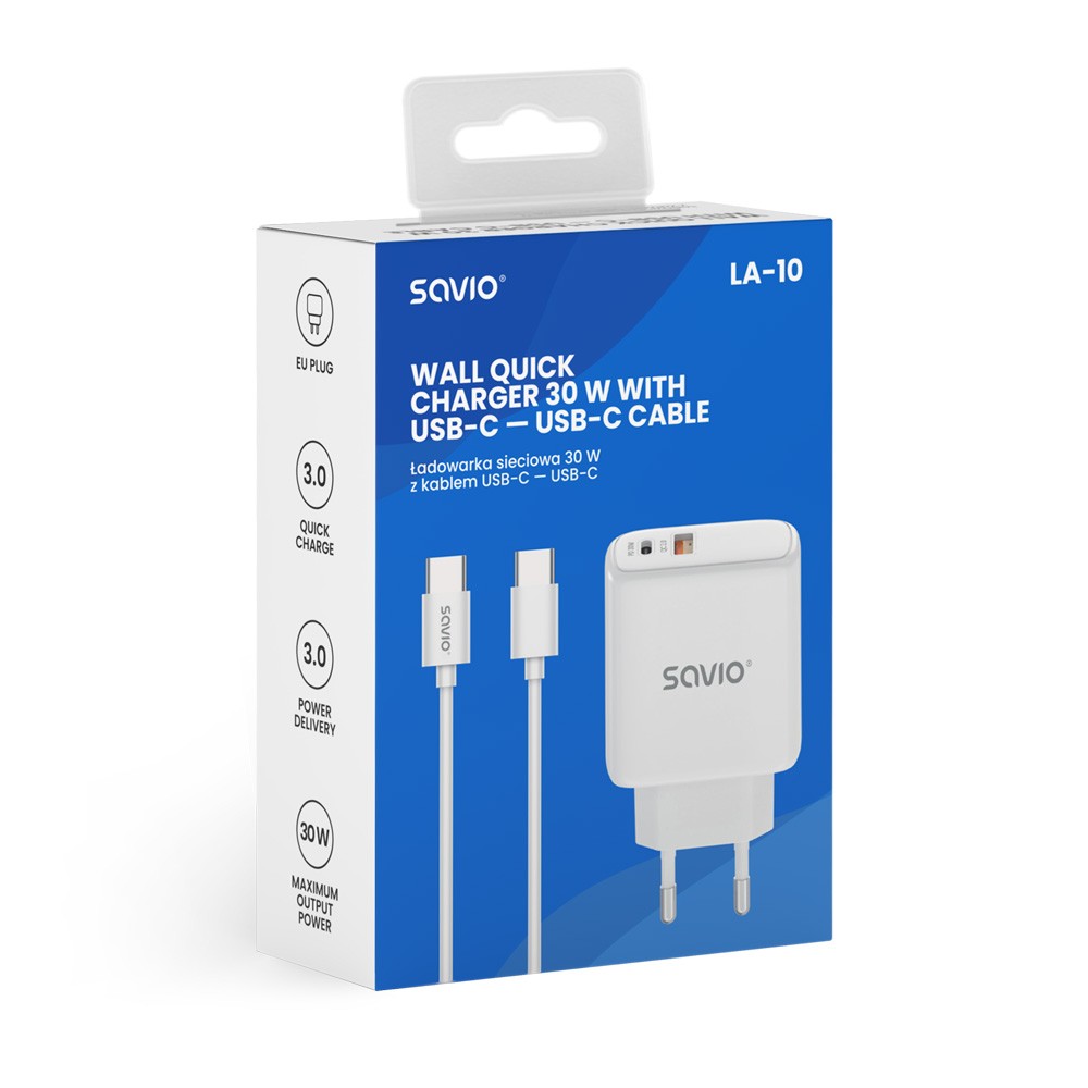 Polnilnik LA-10 30W Quick Charge Power Delivery 3.0, bel + kabel 7