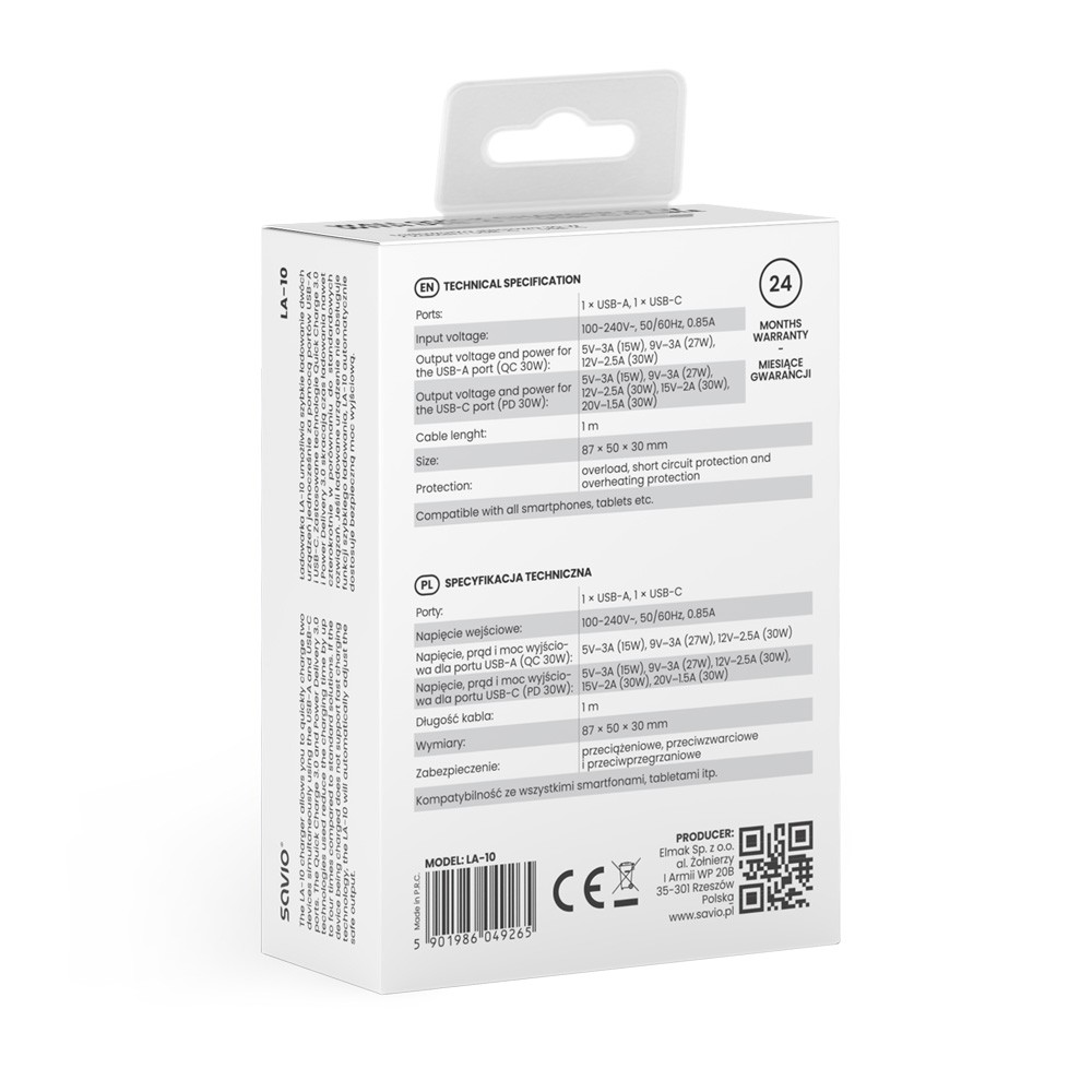 Polnilnik LA-10 30W Quick Charge Power Delivery 3.0, bel + kabel 8