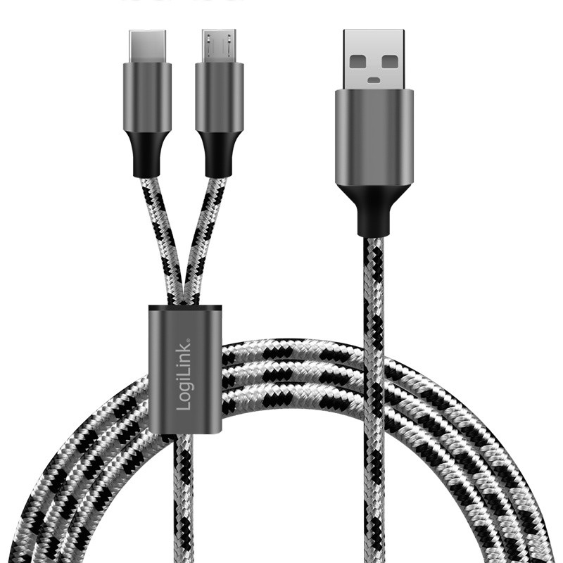 USB kabel A/M do Micro USB + USB-C, 1.2m